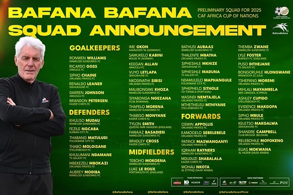 Broos Names Preliminary Bafana Squad, Laying Groundwork for AFCON Campaign in Morocco