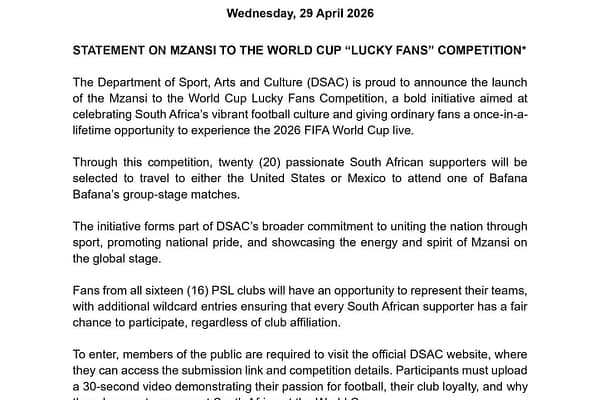 South Africa Launches Contest to Send 20 Fans to 2026 World Cup Opener